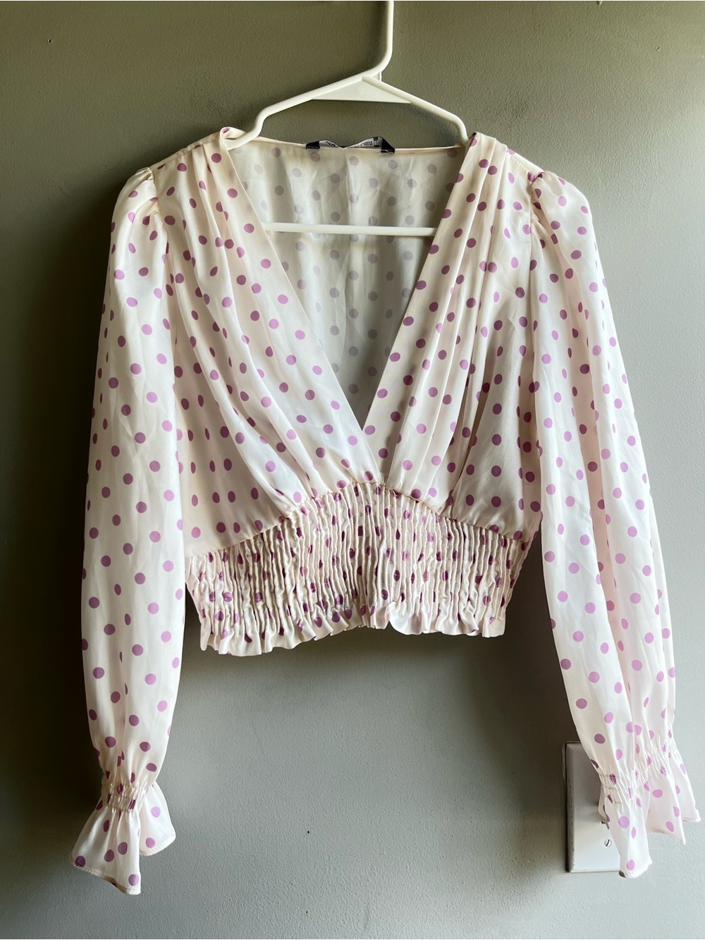 Zara Pink & White Polka Dot Cropped Wrap Blouse Small